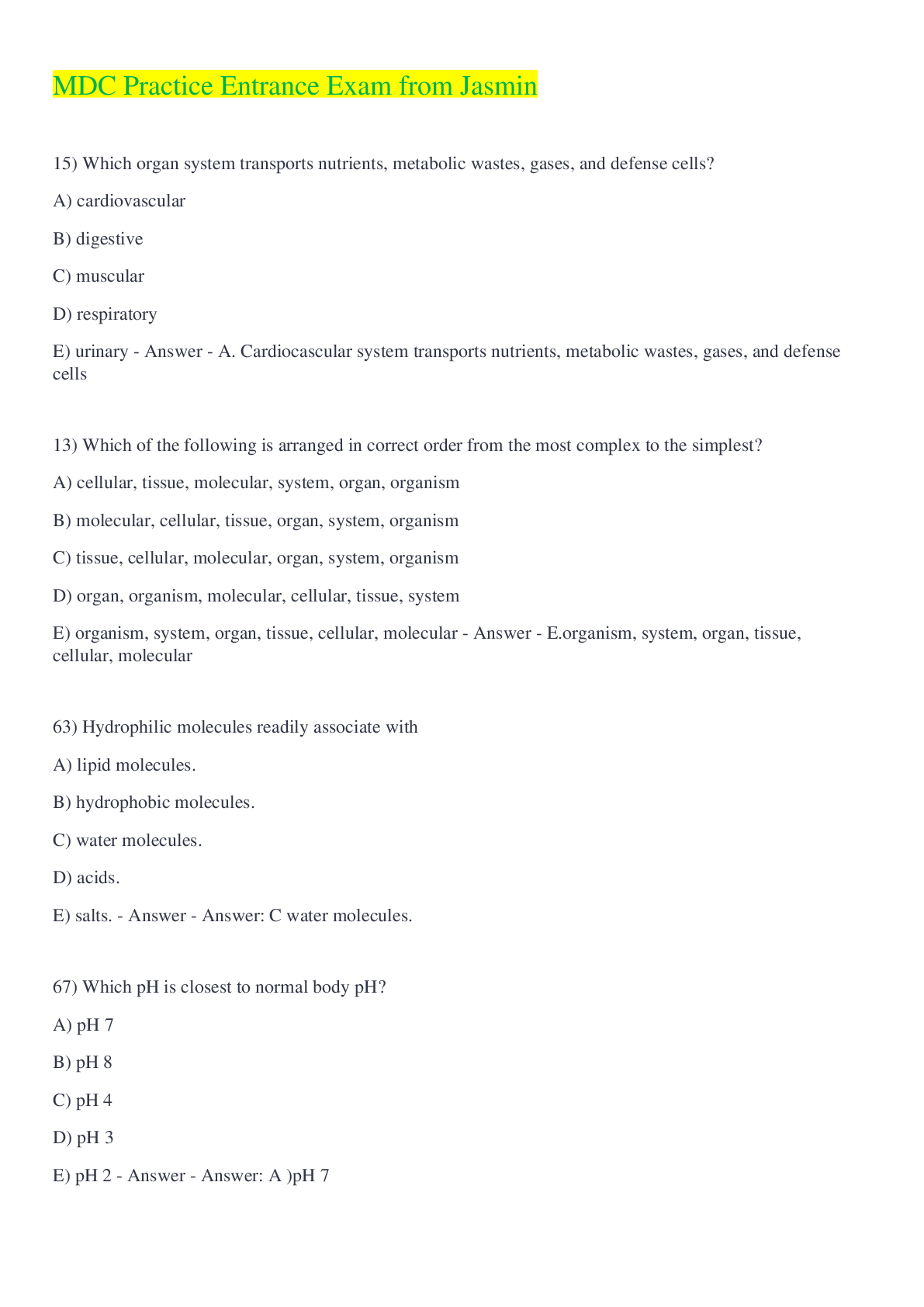 Preview image for MDC Practice Entrance Exam from Jasmin Questions And Answers 2022/2023